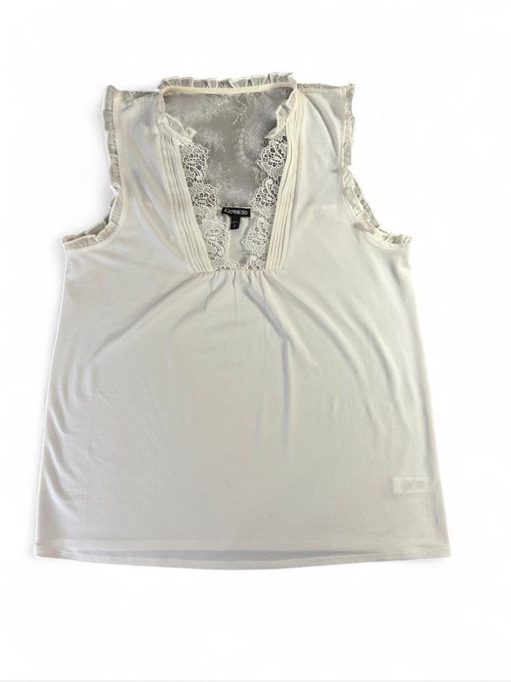 Express White Lace Inset Ruffle Tank Top Blouse Sheer Back Pleated V-Neck